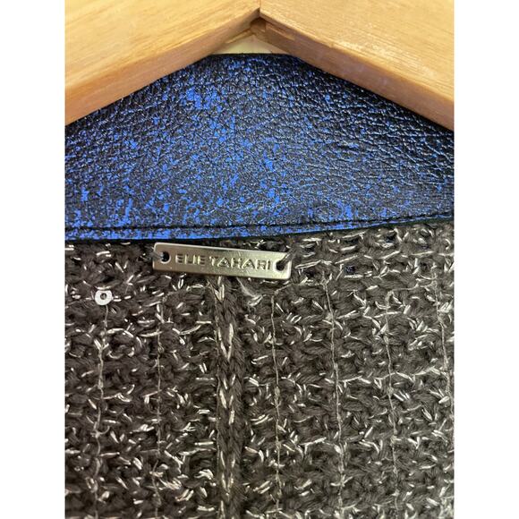 ELIE TAHARI gray silver lurex knit blue leather collar sweater Visna jacket - Picture 6 of 11